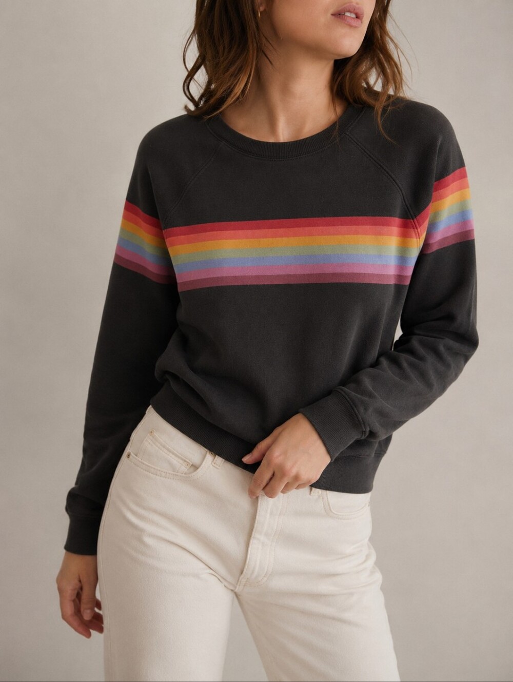 Marine Layer Anytime Rainbow Stripe Faded Black Sweatshirt Womens Size Small